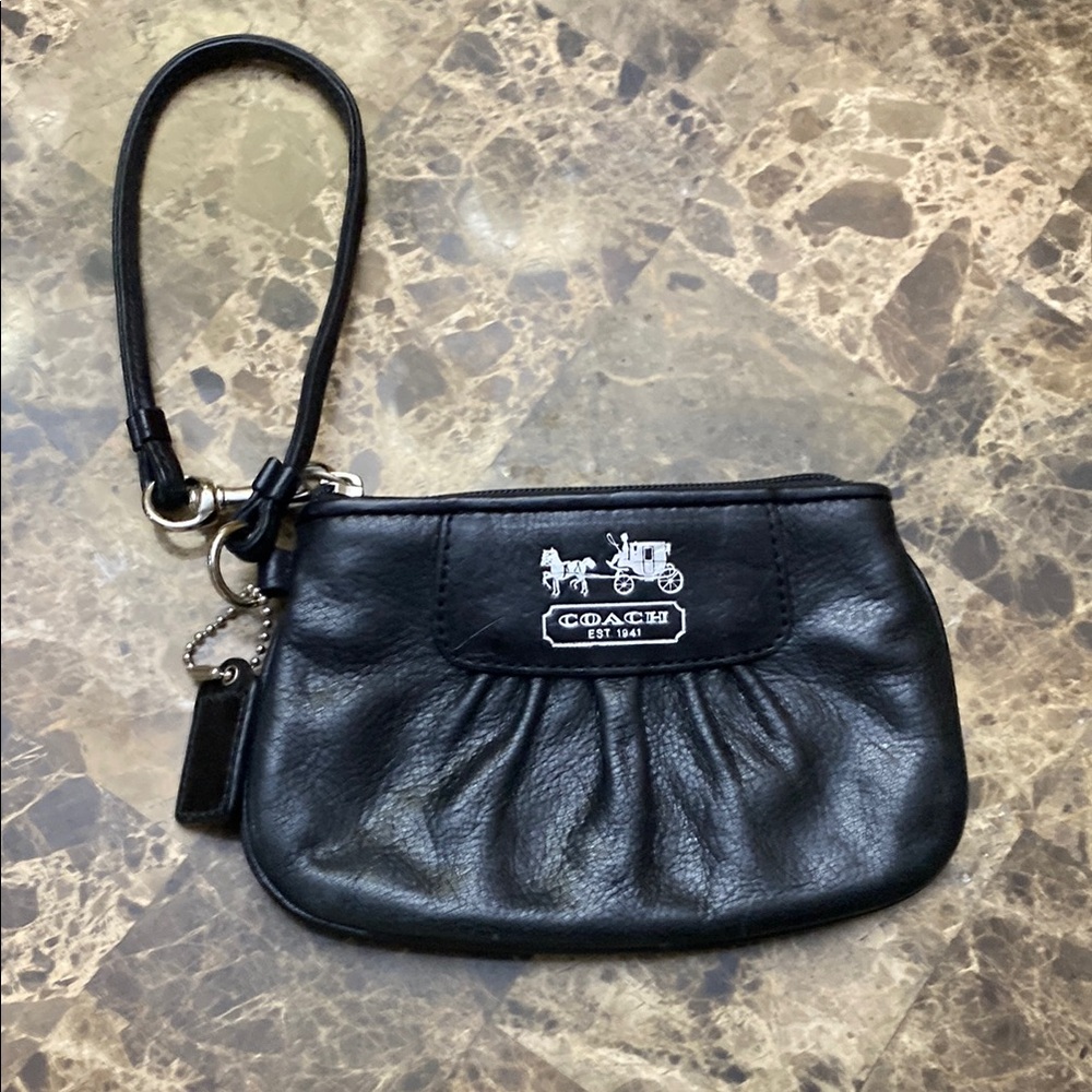 Coach Black Leather Wristlet with Silver Accents
